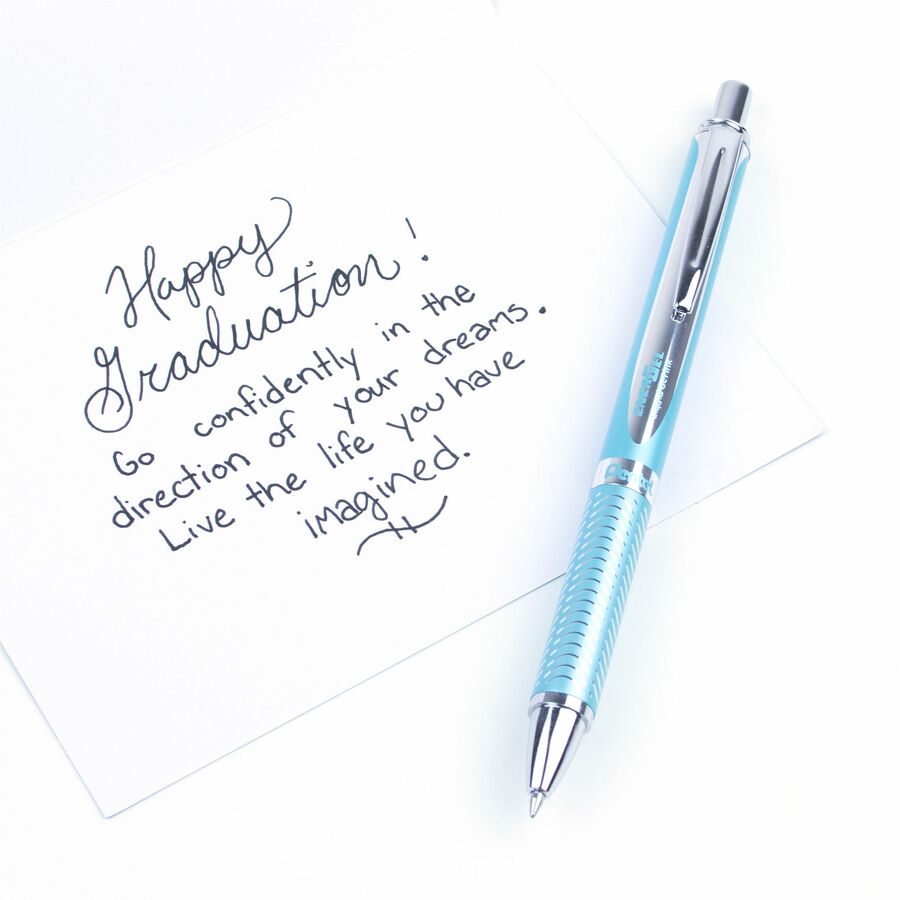 Pentel EnerGel Alloy Rollerball Pen - 0.7 mm Medium Pen Point - Refillable - Retractable - Black Ink - Gel-based - Aqua Marine Aluminum Alloy Barrel - Stainless Steel Tip - 1 Each