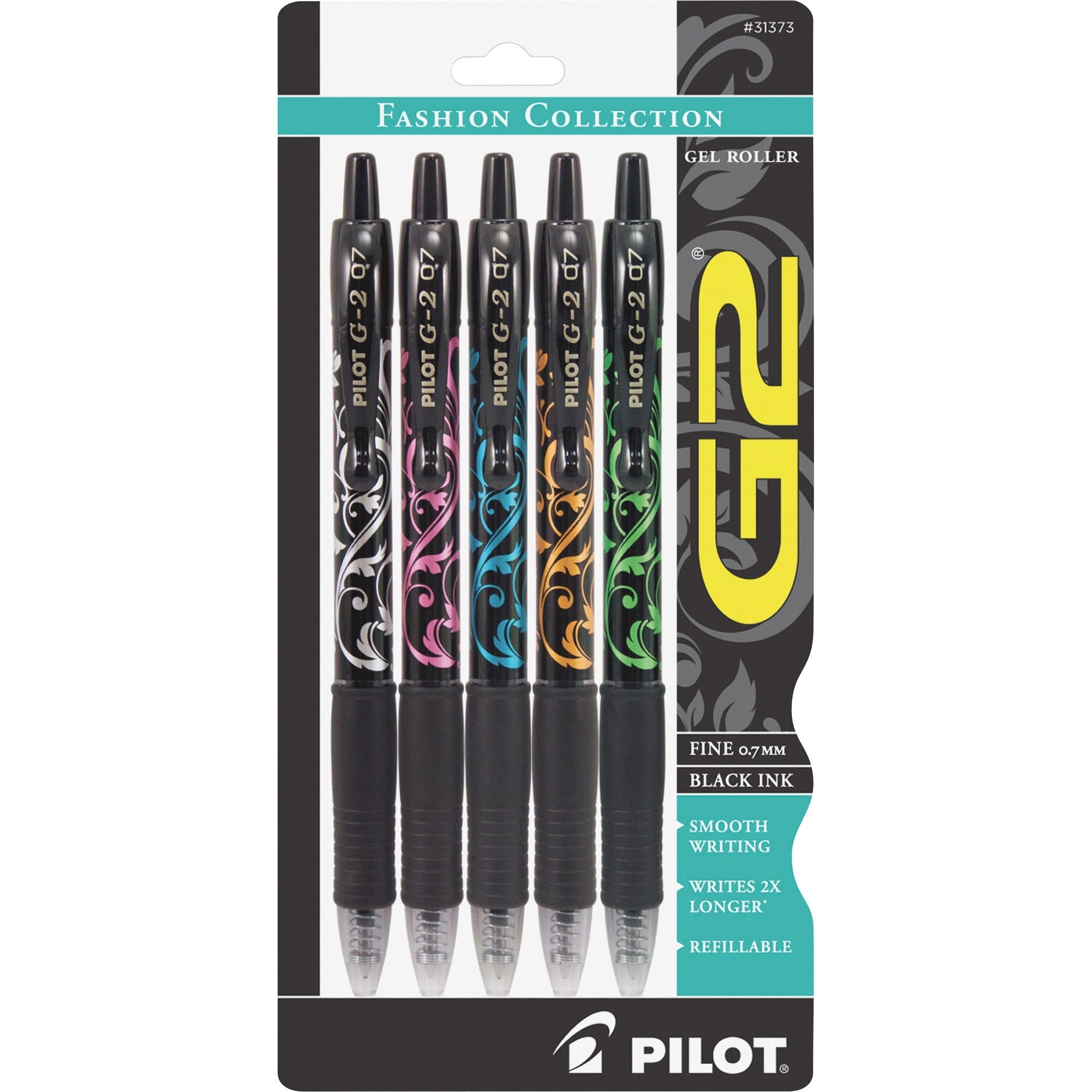 0.7 mm Fine Pen Point - Refillable - Retractable - Black Ink - Gel-based - Silver, Pink, Blue, Orange, Green Barrel - 5 / Pack