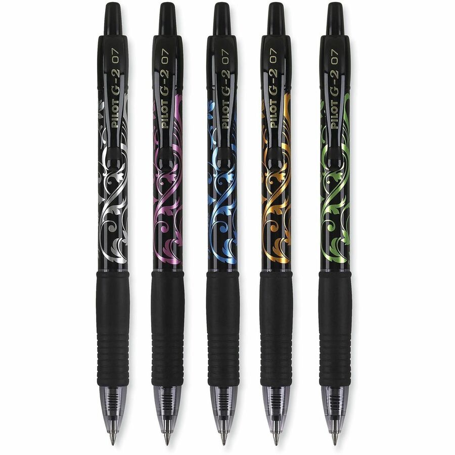 0.7 mm Fine Pen Point - Refillable - Retractable - Black Ink - Gel-based - Silver, Pink, Blue, Orange, Green Barrel - 5 / Pack