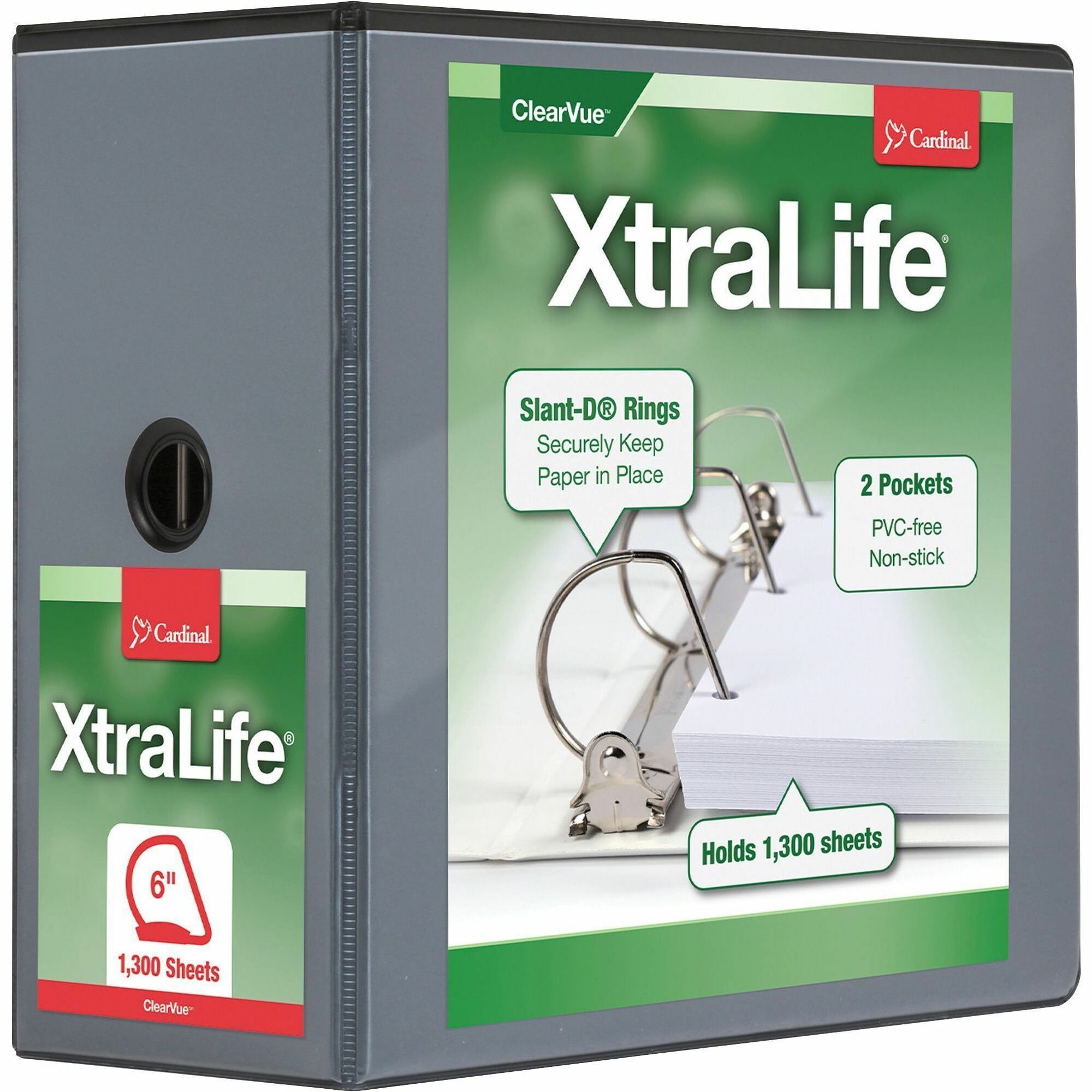 Cardinal Xtralife ClearVue Locking Slant-D Binder, 6" Capacity, Letter Size, 1300 Sheet, 3 D-Rings, 2 Inside Pockets, Black, Polyolefin, 1 Each