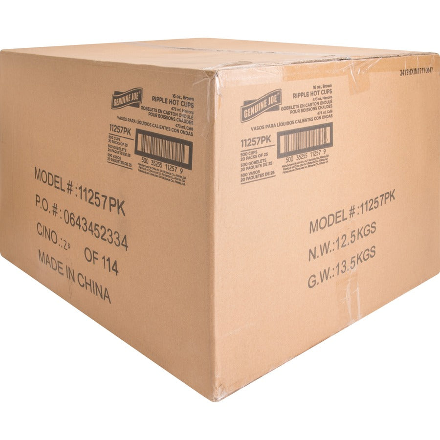 Genuine Joe 16 oz Rippled Hot Cups - 16 fl oz - Brown - Hot Drink, Beverage - 25/Pack - 4 / Carton