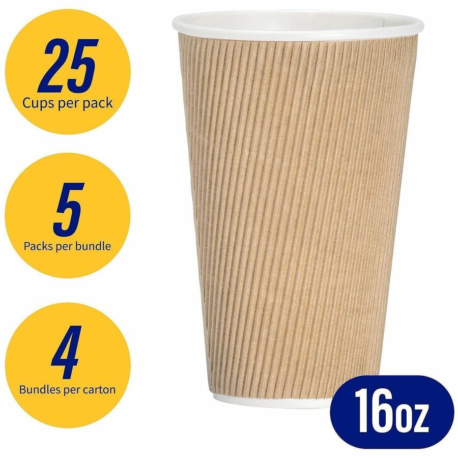 Genuine Joe 16 oz Rippled Hot Cups - 16 fl oz - Brown - Hot Drink, Beverage - 25/Pack - 4 / Carton