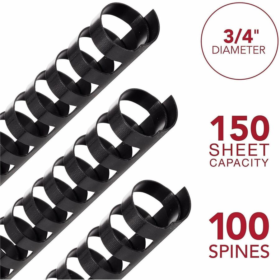 GBC CombBind Binding Spines - 0.75" Maximum Capacity - 160 x Sheet Capacity - For Letter 8 1/2" x 11" Sheet - 19 x Rings - Black - Plastic - 100 / Box