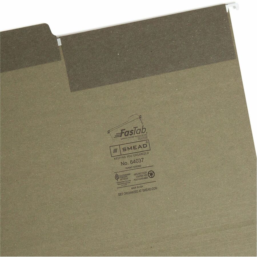 Smead FasTab 1/3 Tab Cut Letter Recycled Hanging Folder - 8 1/2" x 11" - Top Tab Location - Assorted Tab Position - 11 pt. - Standard Green - Reinforced Tab - 100% Paper Recycled - 20 / Box