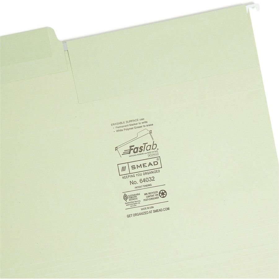 Smead FasTab 1/3 Tab Cut Letter Recycled Hanging Folder - 8 1/2" x 11" - Top Tab Location - Assorted Tab Position - 2 Plys - Moss - 10% Recycled - 20 / Box