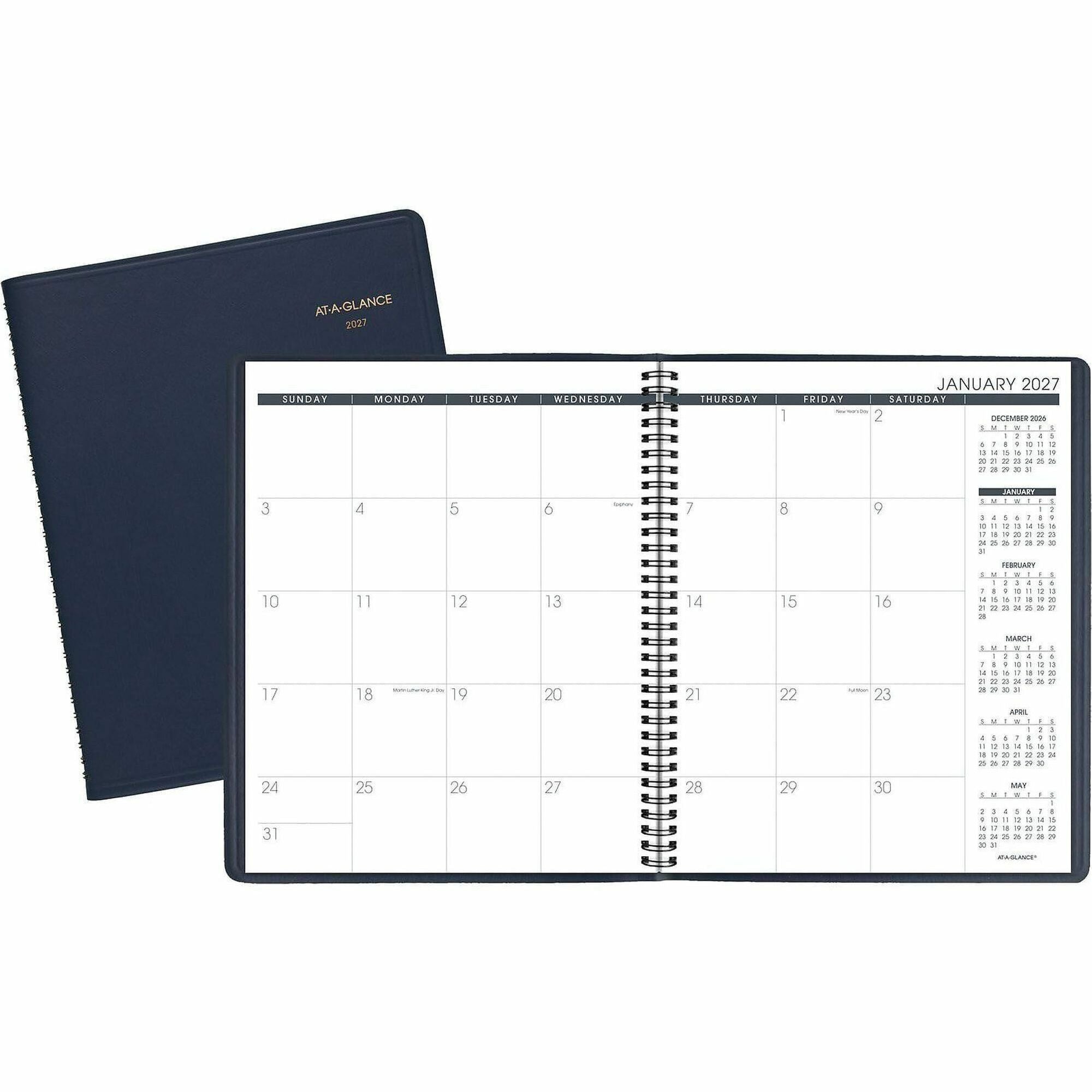 At-A-Glance Planner, Large, Monthly, 15 Months (Jan 2026–Mar 2027), 9" x 11", White Sheets, Wire Bound, Navy Faux Leather, Perforated, Address & Phone Directory, Double Pocket, 1 Each