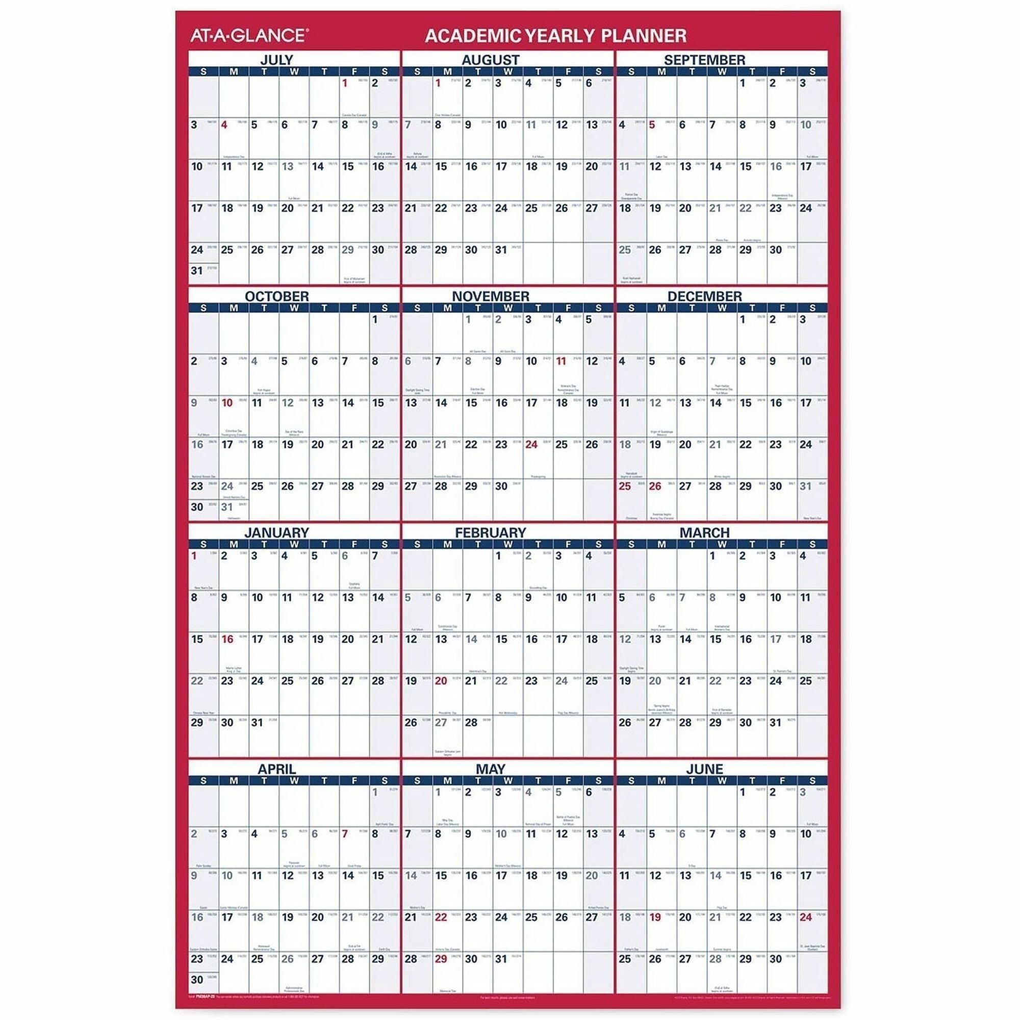Julian Dates - Yearly - July 2025 to June 2026 - 48" x 32" Sheet Size - 1.63" x 1.63" , 1.25" x 1.88" Block - Red, White, Blue - 32" Height x 48" Width - Erasable, Reversible, Write on/Wipe off - 1 Each