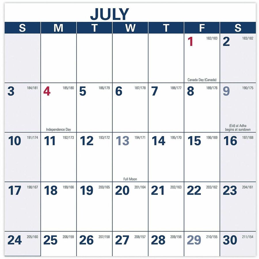 Julian Dates - Yearly - July 2025 to June 2026 - 48" x 32" Sheet Size - 1.63" x 1.63" , 1.25" x 1.88" Block - Red, White, Blue - 32" Height x 48" Width - Erasable, Reversible, Write on/Wipe off - 1 Each