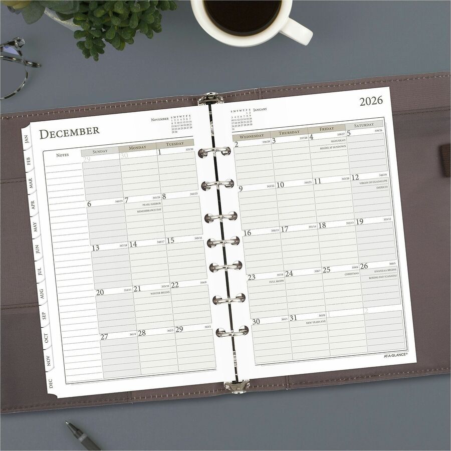 Julian Dates - Daily - 12 Month - January 2026 to December 2026 - Hourly - 1 Day Single Page Layout - 5 1/2" x 8 1/2" Sheet Size - White Sheet - 7-ring - Desk - White - Paper - 8.5" Height - Tabbed, Hole-punched - 1 Each