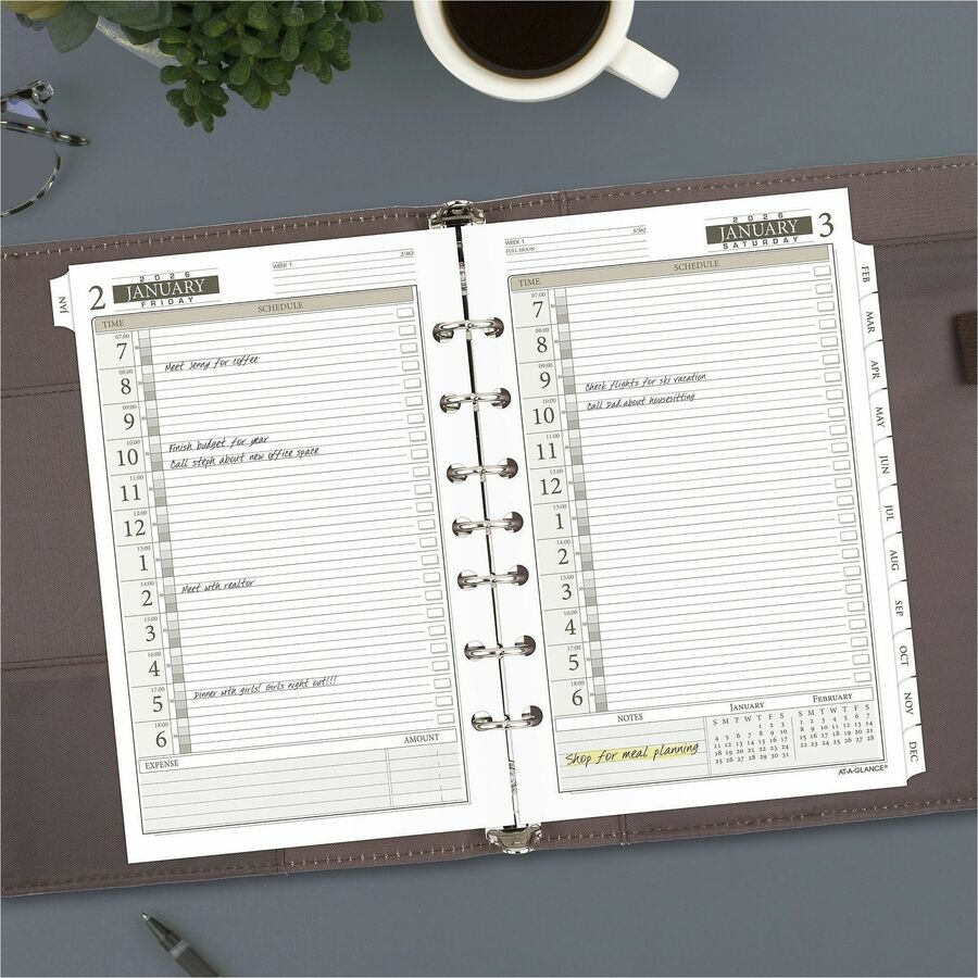 Julian Dates - Daily - 12 Month - January 2026 to December 2026 - Hourly - 1 Day Single Page Layout - 5 1/2" x 8 1/2" Sheet Size - White Sheet - 7-ring - Desk - White - Paper - 8.5" Height - Tabbed, Hole-punched - 1 Each