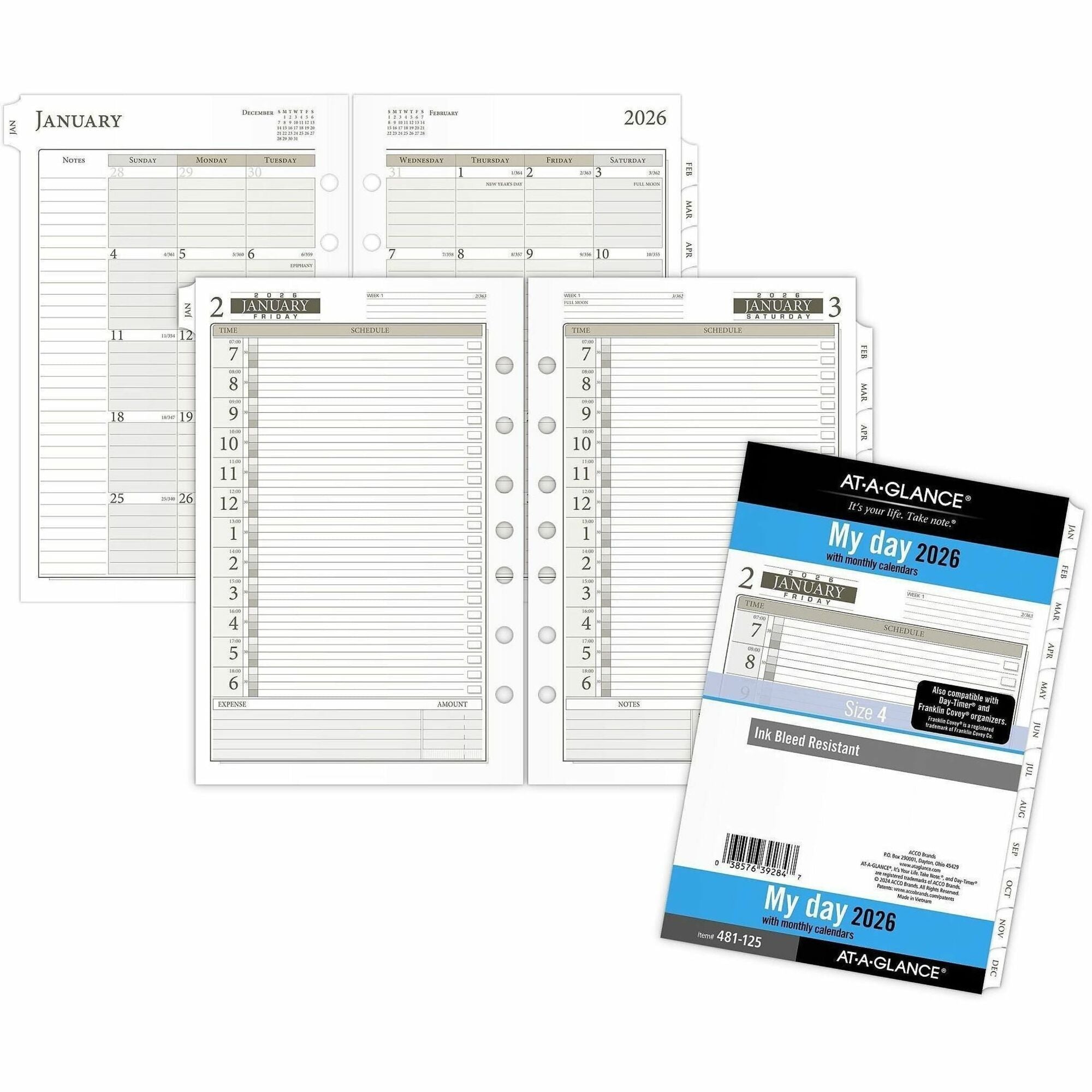 Julian Dates - Daily - 12 Month - January 2026 to December 2026 - Hourly - 1 Day Single Page Layout - 5 1/2" x 8 1/2" Sheet Size - White Sheet - 7-ring - Desk - White - Paper - 8.5" Height - Tabbed, Hole-punched - 1 Each
