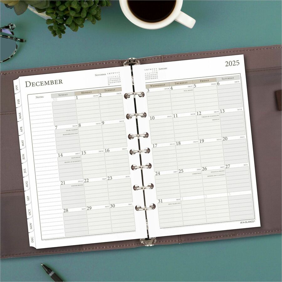 Julian Dates - Daily - 12 Month - January 2026 to December 2026 - Hourly - 1 Day Single Page Layout - 5 1/2" x 8 1/2" Sheet Size - White Sheet - 7-ring - Desk - White - Paper - 8.5" Height - Tabbed, Hole-punched - 1 Each