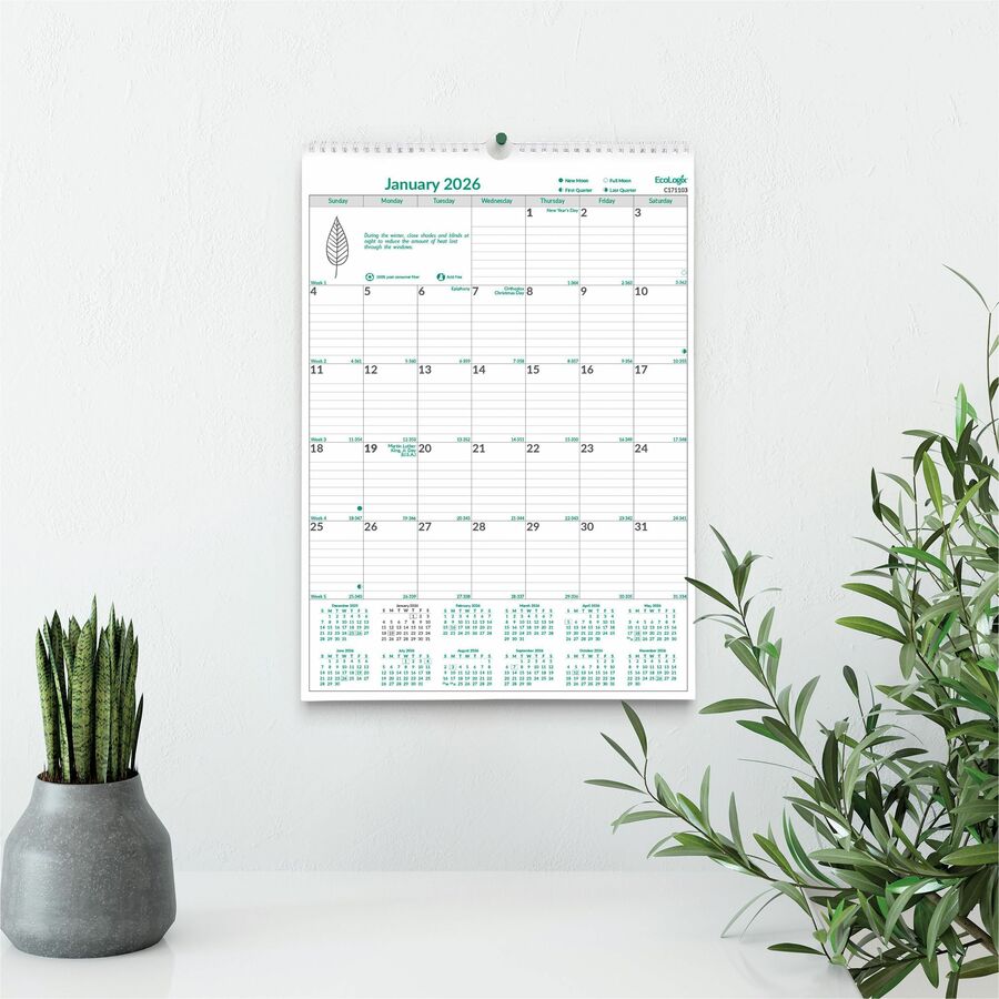Brownline EcoLogix Monthly Wall Calendar, Twin-Wire Binding, 100% Recycled