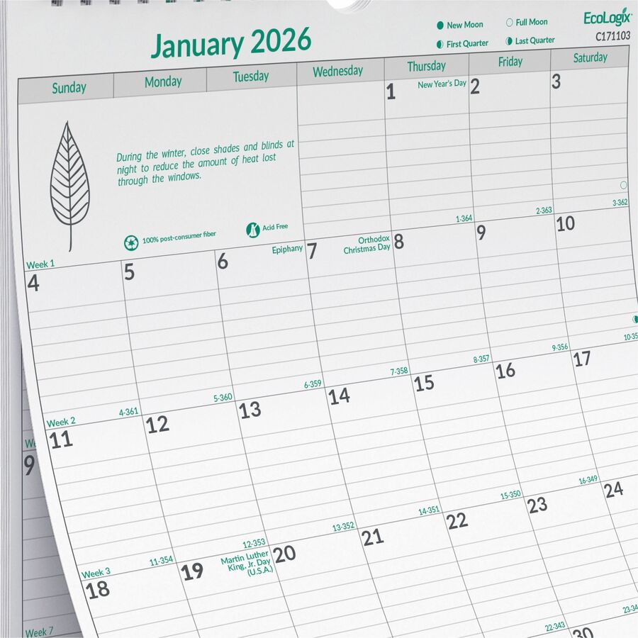Brownline EcoLogix Monthly Wall Calendar, Twin-Wire Binding, 100% Recycled