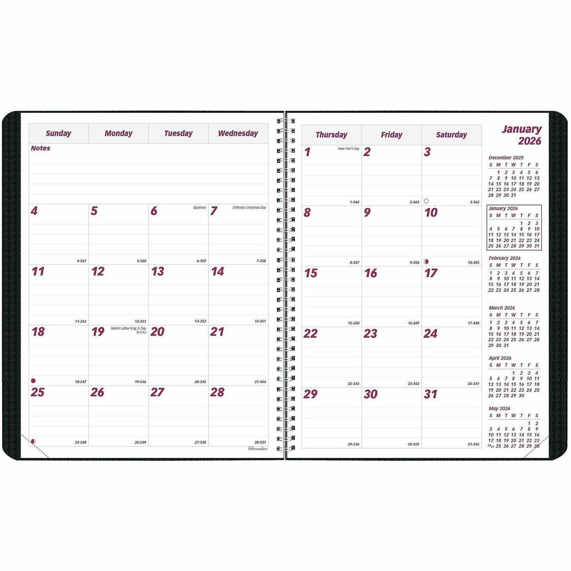 Brownline Monthly Planner, 14-Month, December 2025–January 2027, Twin Wire, 7 1/8" x 8 7/8", Black Textured Poly Cover, FSC Certified, 1 Each