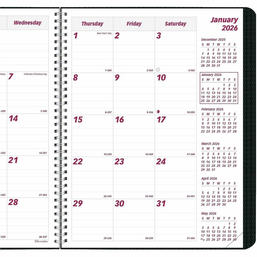 Brownline Monthly Planner, 14-Month, December 2025–January 2027, Twin Wire, 7 1/8" x 8 7/8", Black Textured Poly Cover, FSC Certified, 1 Each