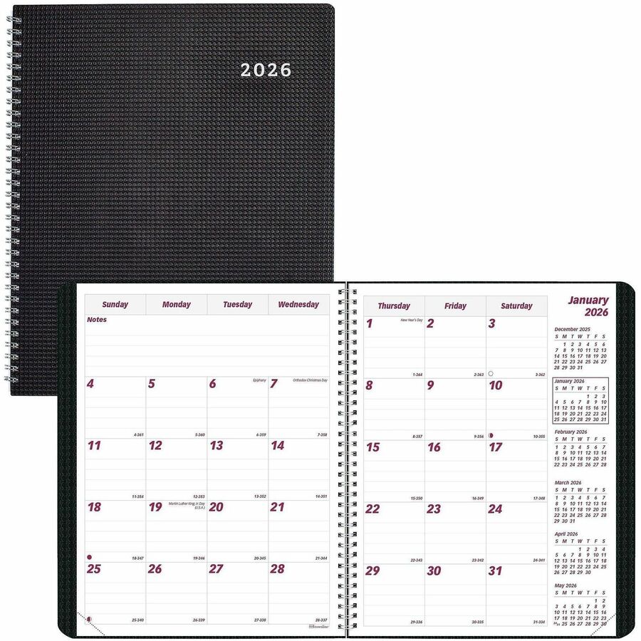Brownline Monthly Planner, 14-Month, December 2025–January 2027, Twin Wire, 7 1/8" x 8 7/8", Black Textured Poly Cover, FSC Certified, 1 Each