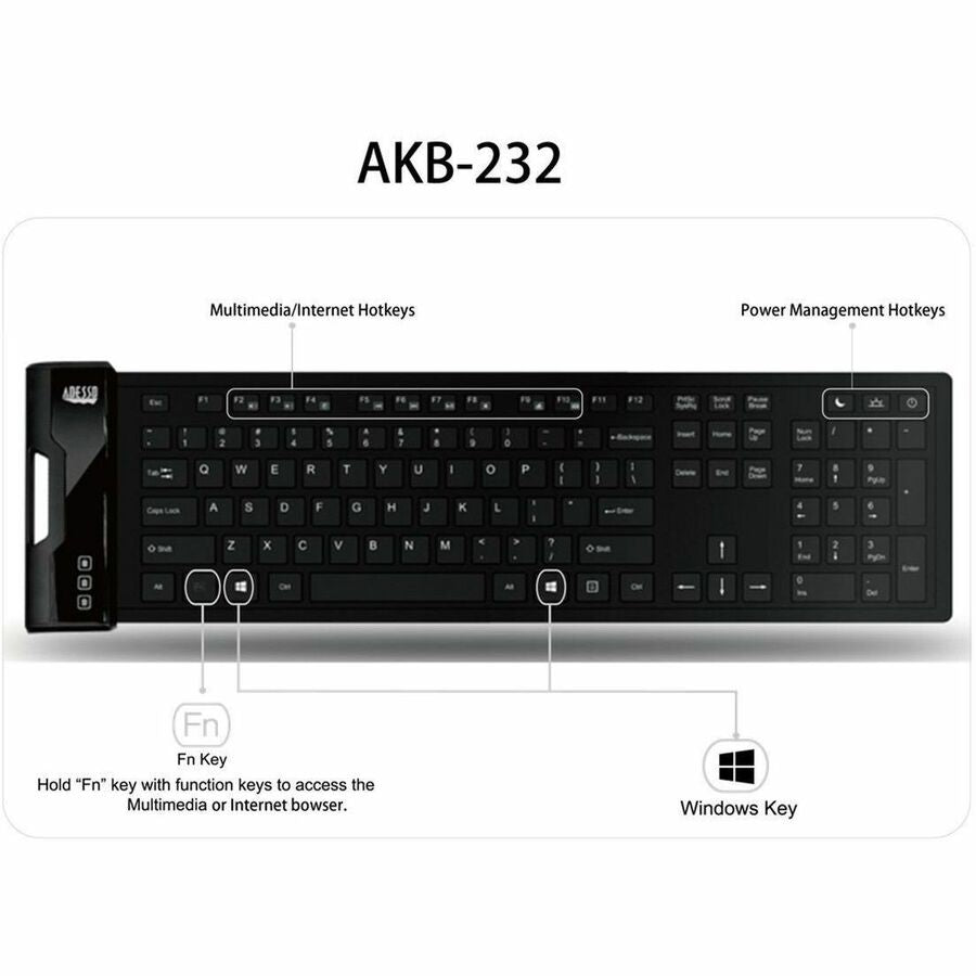 Cable Connectivity - USB Interface - 120 Key(s) - Multimedia, Internet, Email, Windows Key Hot Key(s) - Rugged - English (US) - QWERTY Layout - Computer - PC, Windows - Industrial Silicon Rubber Keyswitch - Black