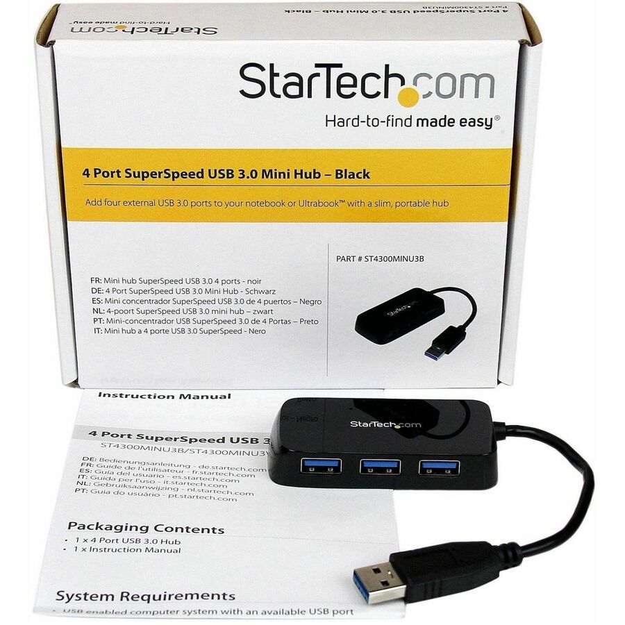 StarTech.com Portable 4 Port SuperSpeed Mini USB 3.0 Hub - Black