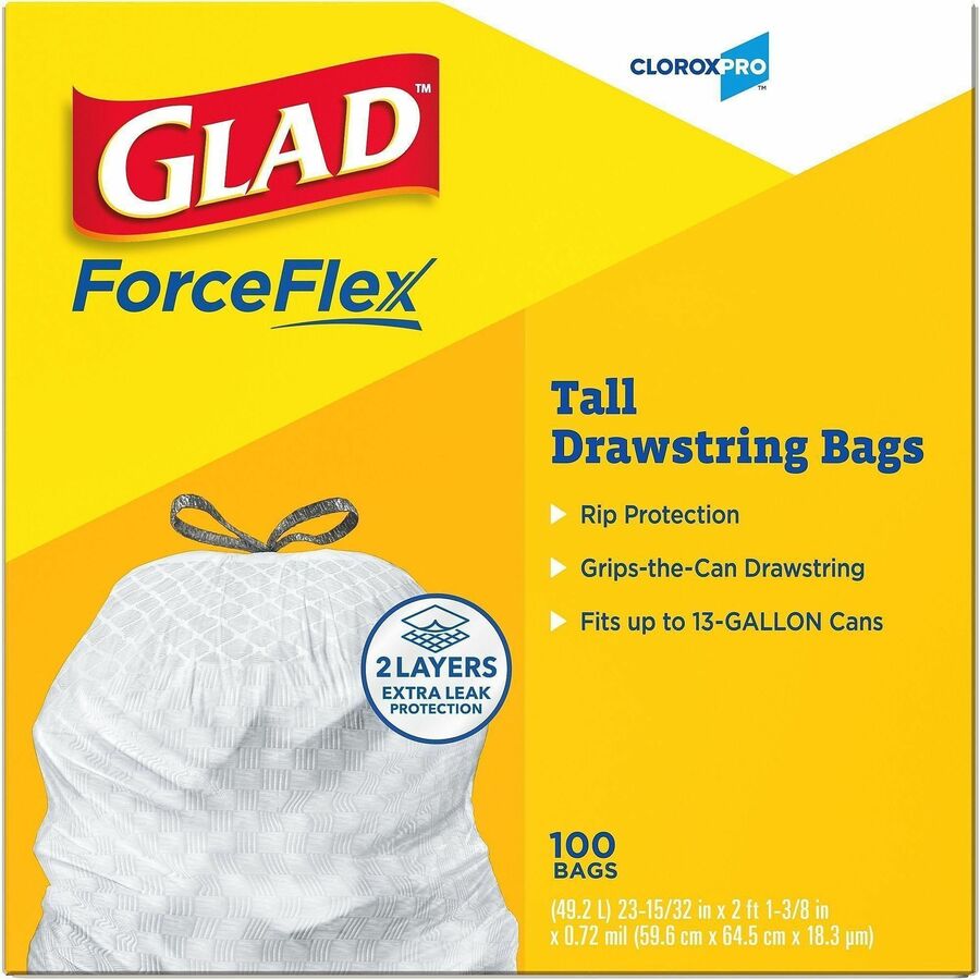 Glad ForceFlex Tall Kitchen Drawstring Trash Bags - 13 gal Capacity - 27" Length x 24" Width x 0.72 mil (18 Micron) Thickness - Drawstring Closure - White - Plastic - Kitchen, Office, Day Care, Restaurant, School - 1 Box