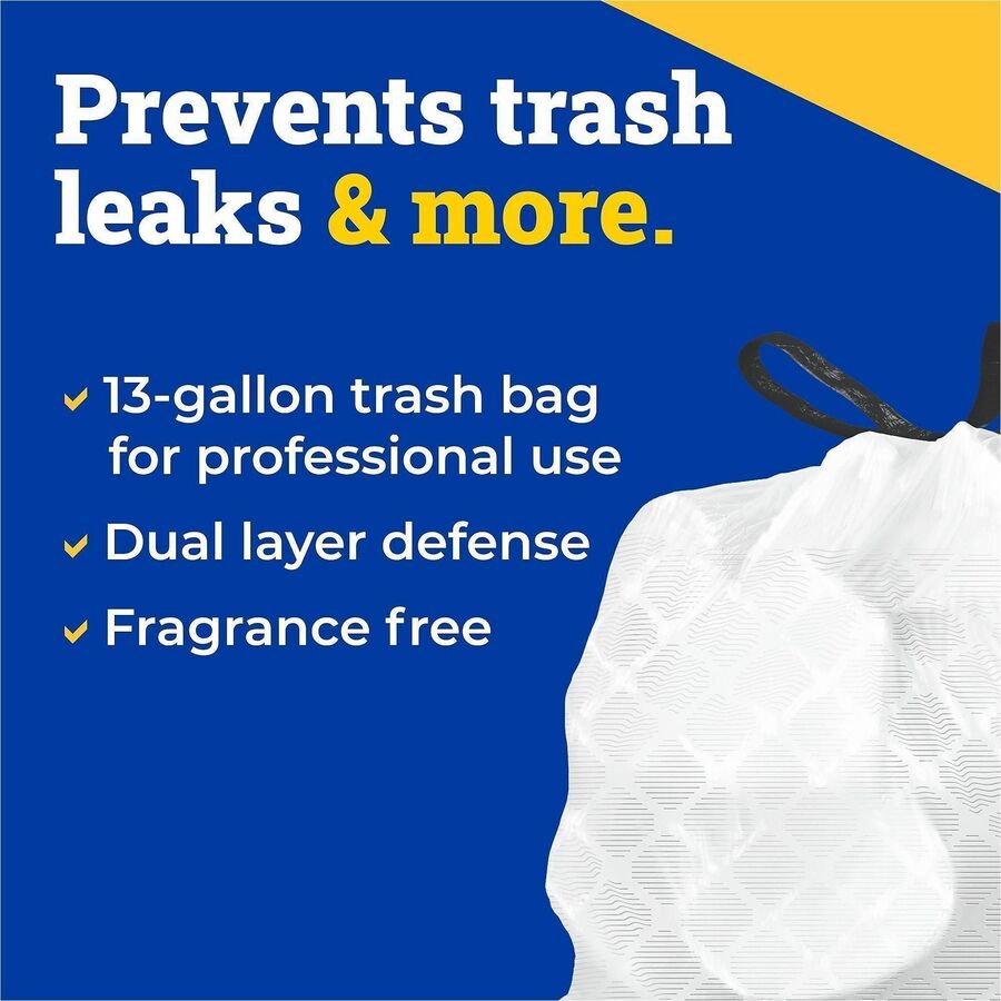 Glad ForceFlex Tall Kitchen Drawstring Trash Bags - 13 gal Capacity - 27" Length x 24" Width x 0.72 mil (18 Micron) Thickness - Drawstring Closure - White - Plastic - Kitchen, Office, Day Care, Restaurant, School - 1 Box