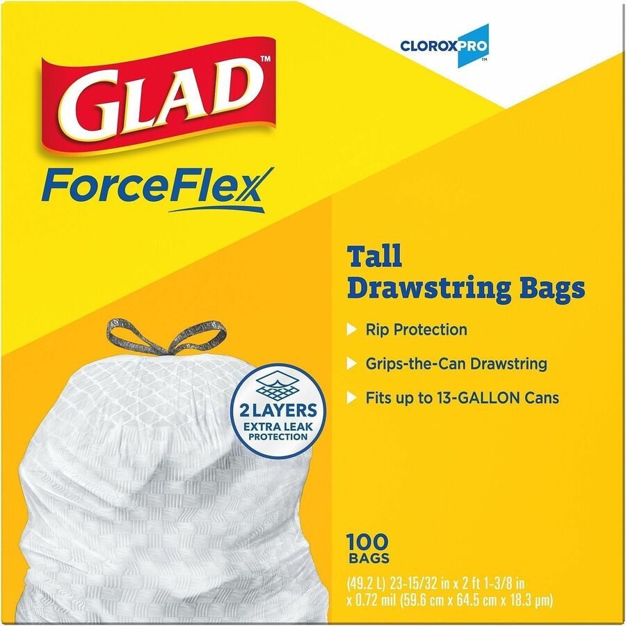 Glad ForceFlex Tall Kitchen Drawstring Trash Bags - 13 gal Capacity - 27" Length x 24" Width x 0.72 mil (18 Micron) Thickness - Drawstring Closure - White - Plastic - Kitchen, Office, Day Care, Restaurant, School - 1 Box