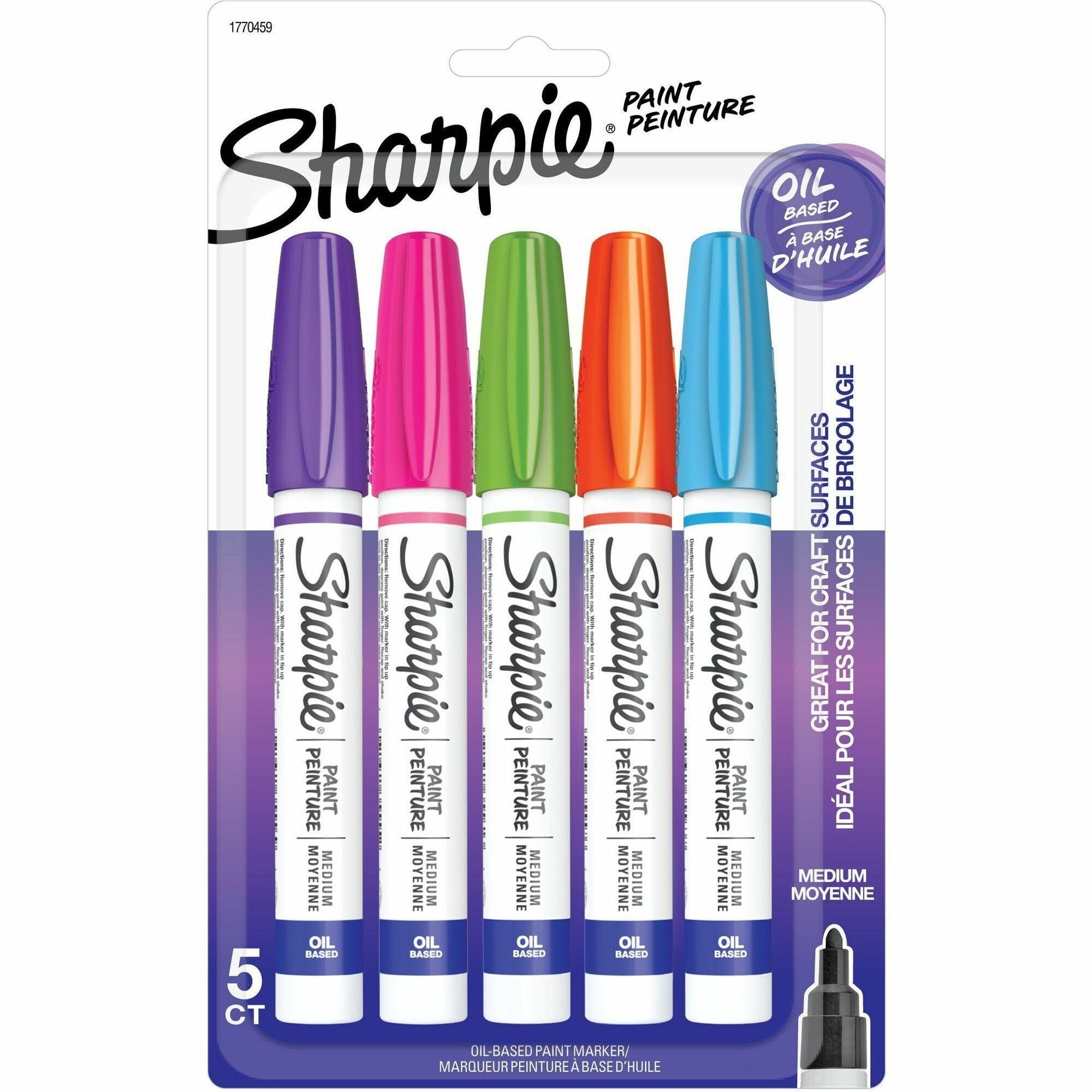 Sharpie Oil-Based Paint Marker - Medium Point - Aqua, Orange, Lime Green, Pink, Purple Ink - Oil Based - 5 / Pack