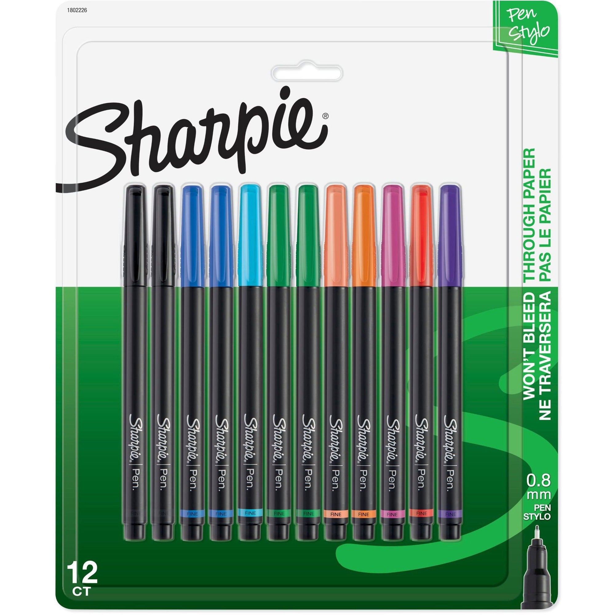 Fine Pen Point - Black, Blue, Turquoise, Green, Clover, Orange, Hot Pink, Red, Purple, Coral Ink - Black Barrel - 12 / Pack