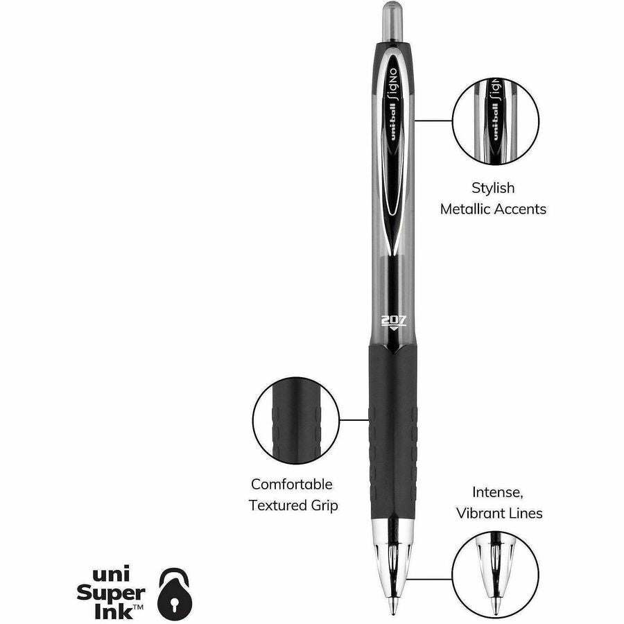 uniball™ 207 Gel Pen - 0.7 mm Medium Conical Pen Point - Refillable - Retractable - Black Ink - Pigment-based - Translucent Barrel - 1 Dozen