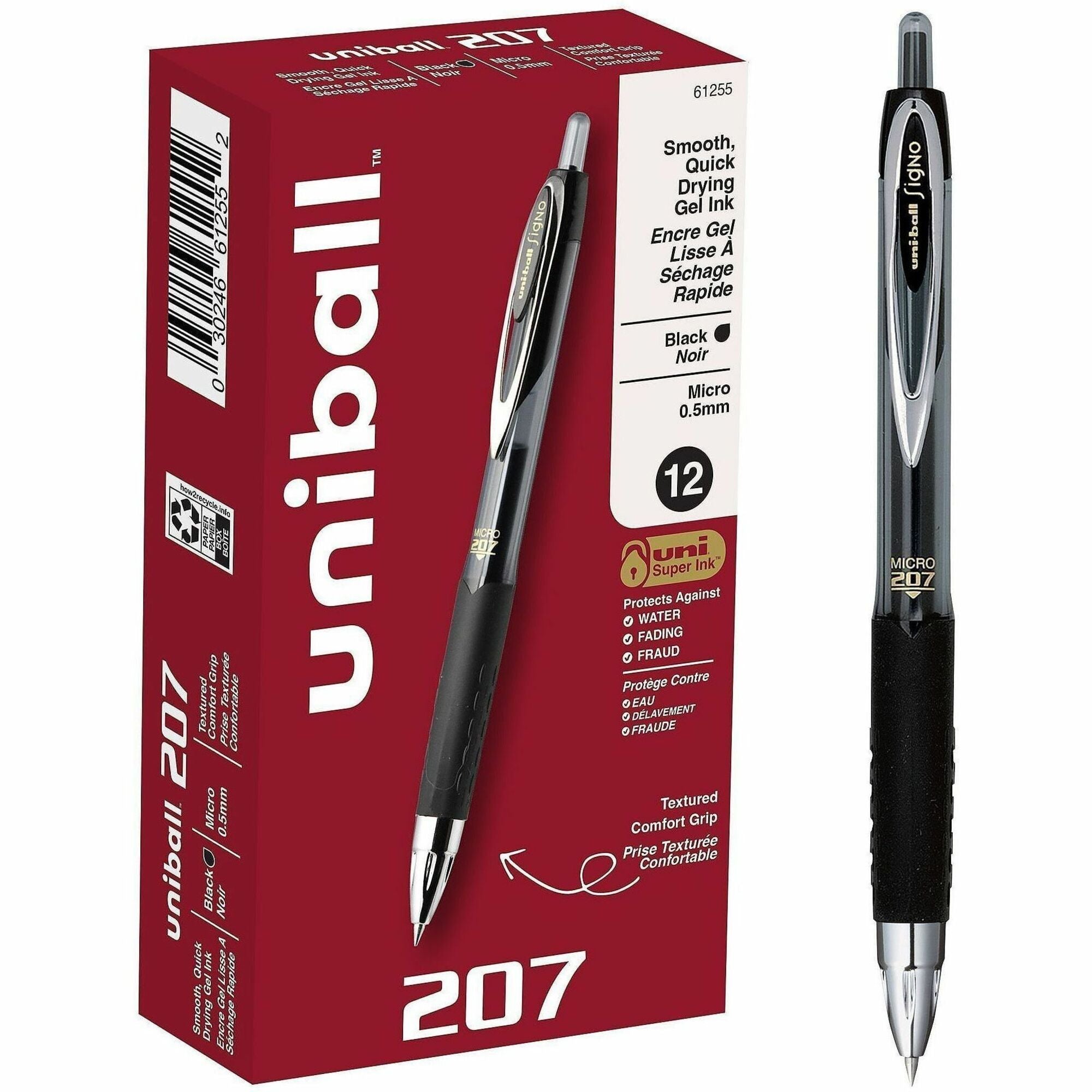uniball™ 207 Gel Pen - 0.5 mm Micro Pen Point - Refillable - Retractable - Black Ink - Pigment-based - 1 Dozen