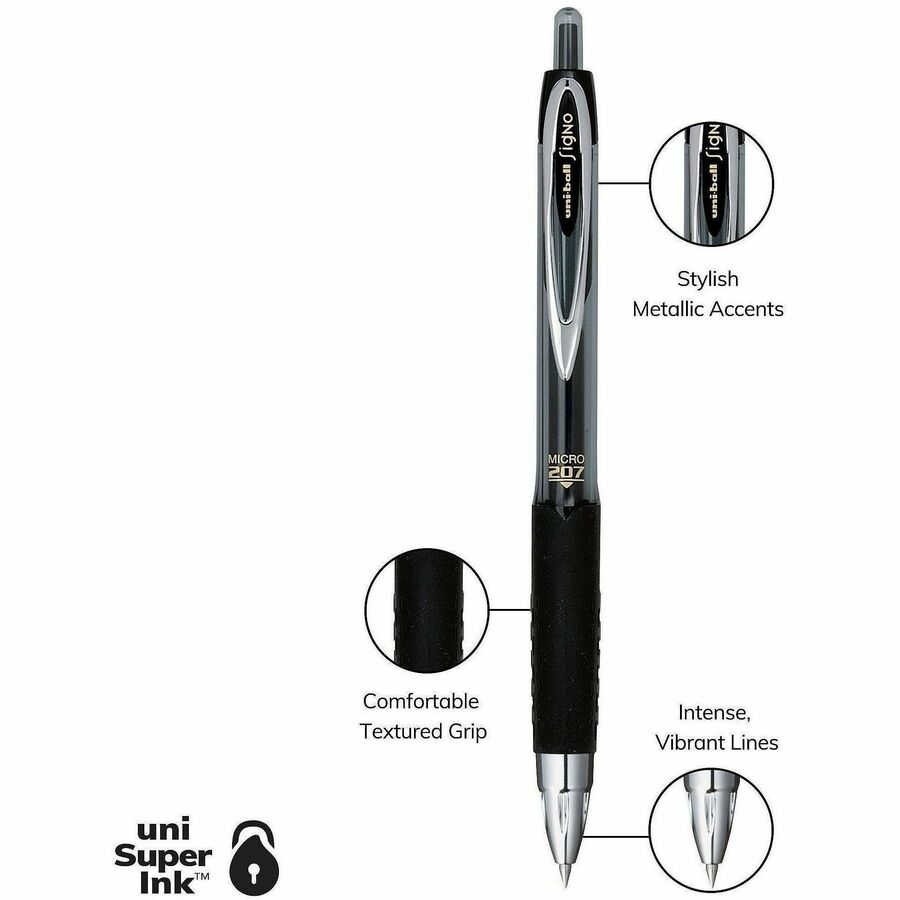 uniball™ 207 Gel Pen - 0.5 mm Micro Pen Point - Refillable - Retractable - Black Ink - Pigment-based - 1 Dozen