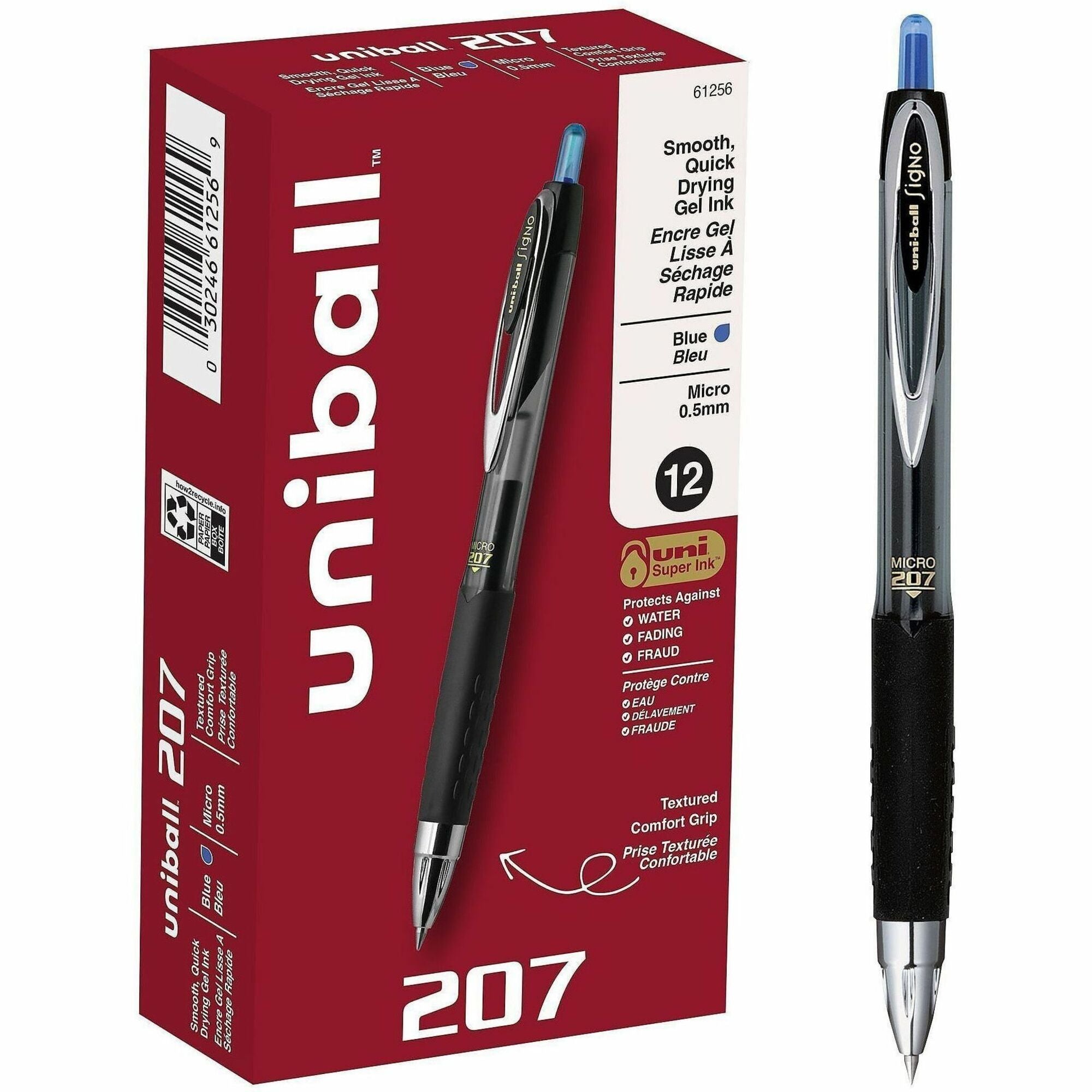 uniball™ 207 Gel Pen - 0.5 mm Micro Pen Point - Refillable - Retractable - Blue Ink - Pigment-based - 1 Dozen