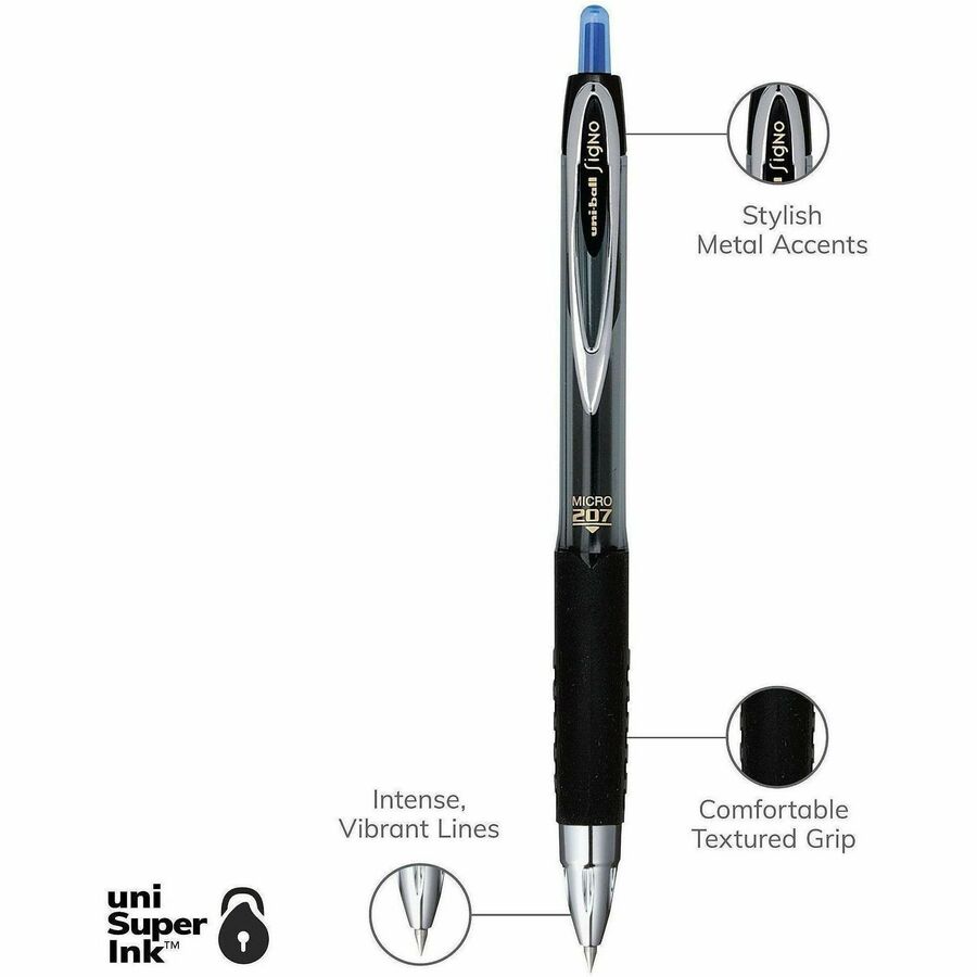 uniball™ 207 Gel Pen - 0.5 mm Micro Pen Point - Refillable - Retractable - Blue Ink - Pigment-based - 1 Dozen