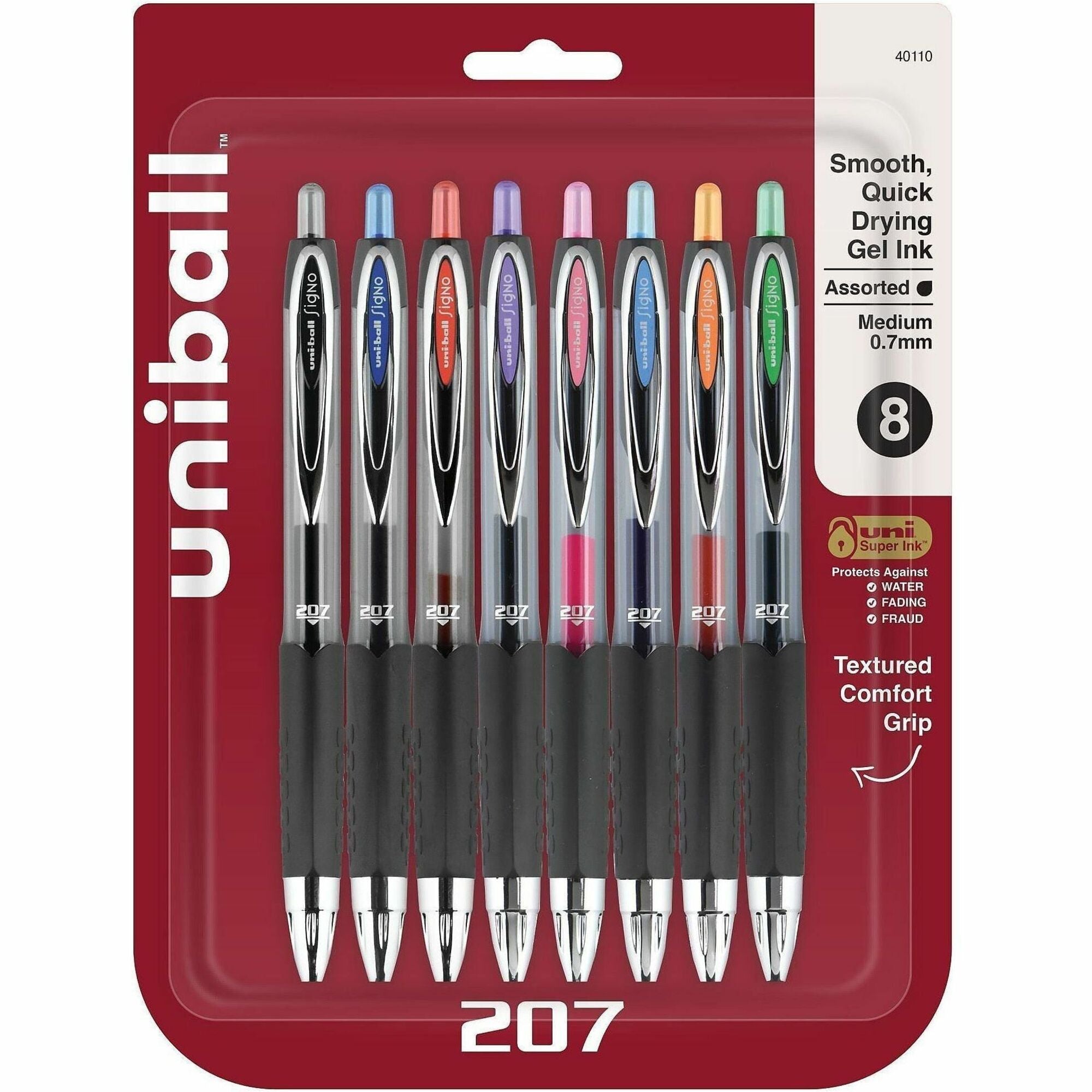 uniball™ 207 Gel Pen - 0.7 mm Medium Conical Pen Point - Refillable - Retractable - Black, Blue, Green, Light Blue, Orange, Pink, Purple, Red Ink - Pigment-based - 8 / Set