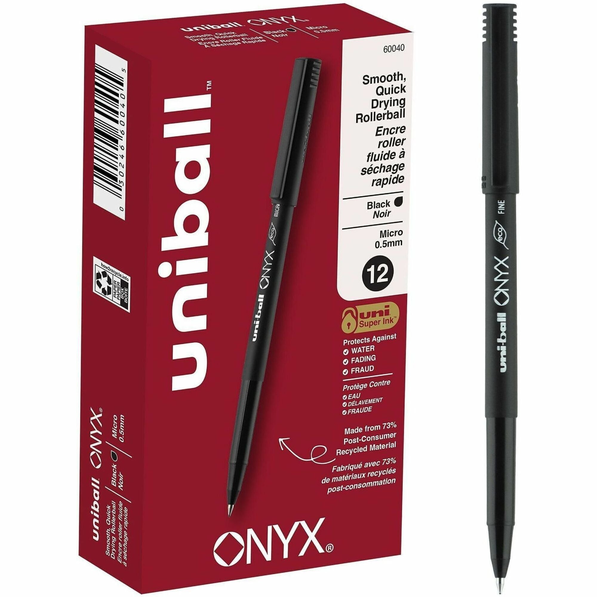 uniball™ Onyx Rollerball Pens - 0.5 mm Micro Conical Pen Point - Black Ink - Dye-based - Matte Black Barrel - Metal Tip - 1 Dozen