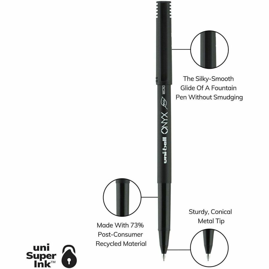 uniball™ Onyx Rollerball Pens - 0.5 mm Micro Conical Pen Point - Black Ink - Dye-based - Matte Black Barrel - Metal Tip - 1 Dozen