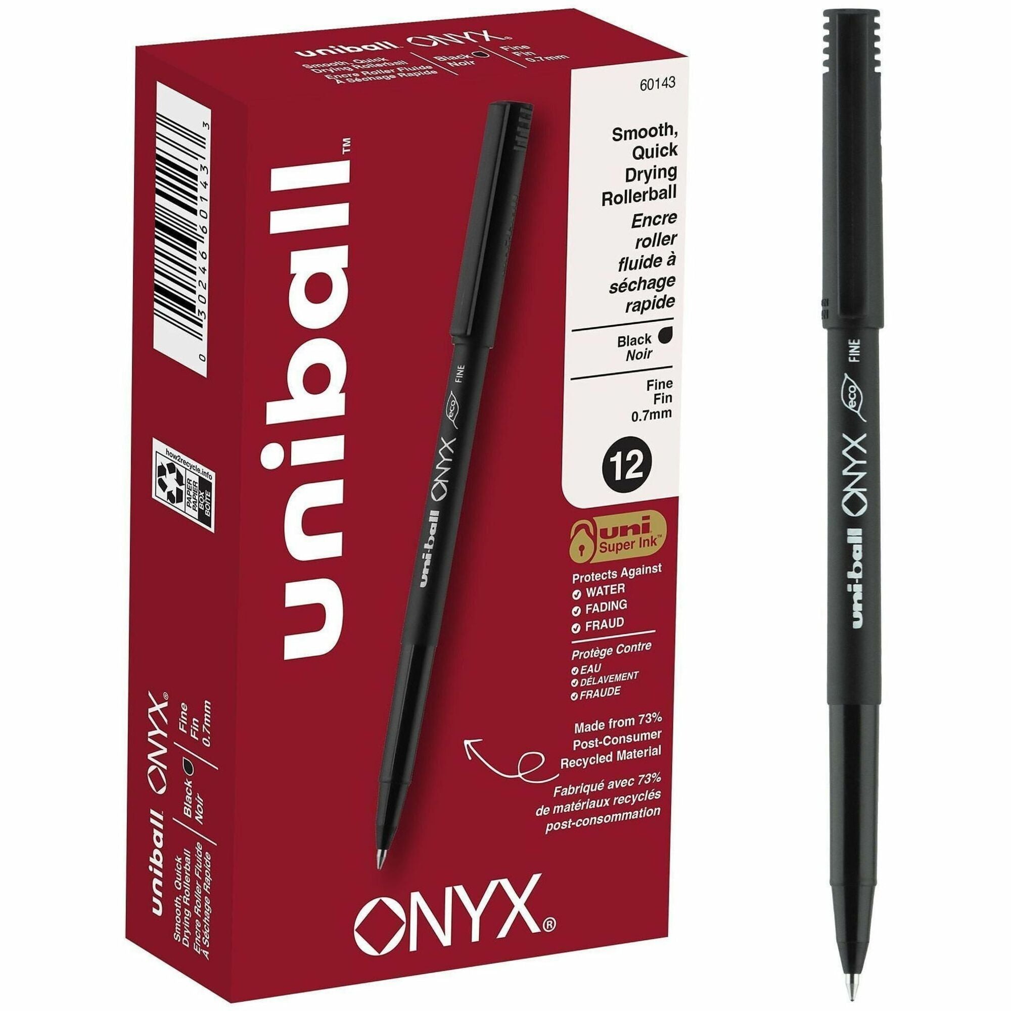 uniball™ Onyx Rollerball Pens - 0.7 mm Fine Conical Pen Point - Black Ink - Dye-based - Matte Black Barrel - Metal Tip - 1 Dozen