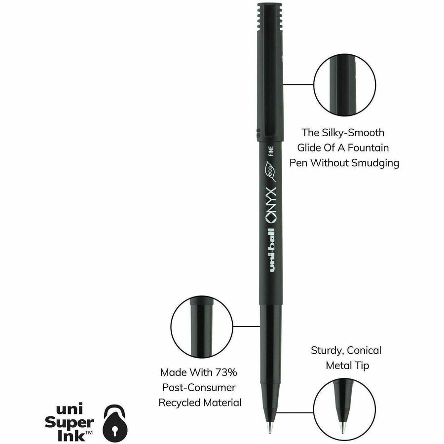 uniball™ Onyx Rollerball Pens - 0.7 mm Fine Conical Pen Point - Black Ink - Dye-based - Matte Black Barrel - Metal Tip - 1 Dozen