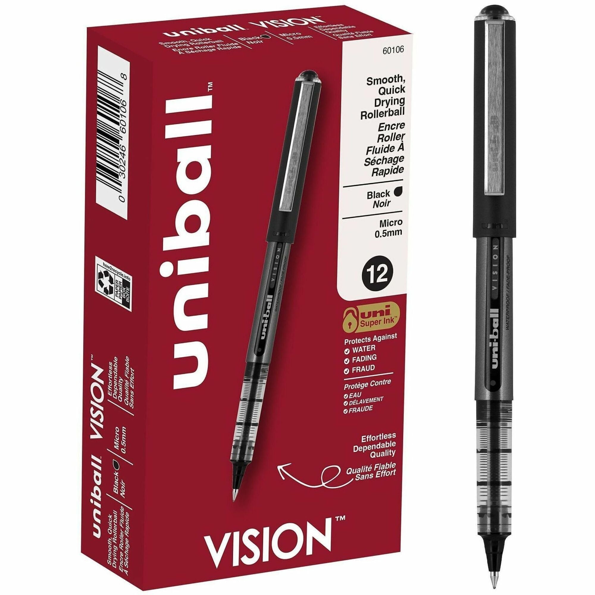 uniball™ Vision Rollerball Pens - 0.5 mm Micro Pen Point - Black Ink - Pigment-based - 1 Dozen