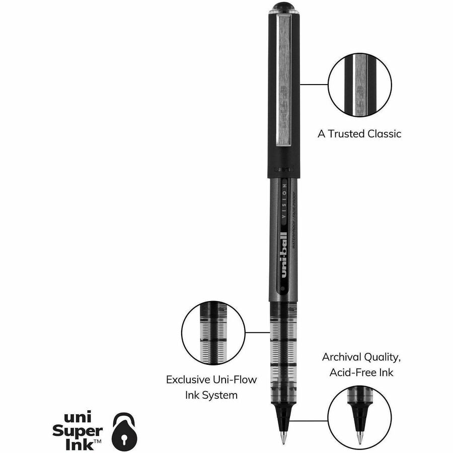 uniball™ Vision Rollerball Pens - 0.5 mm Micro Pen Point - Black Ink - Pigment-based - 1 Dozen