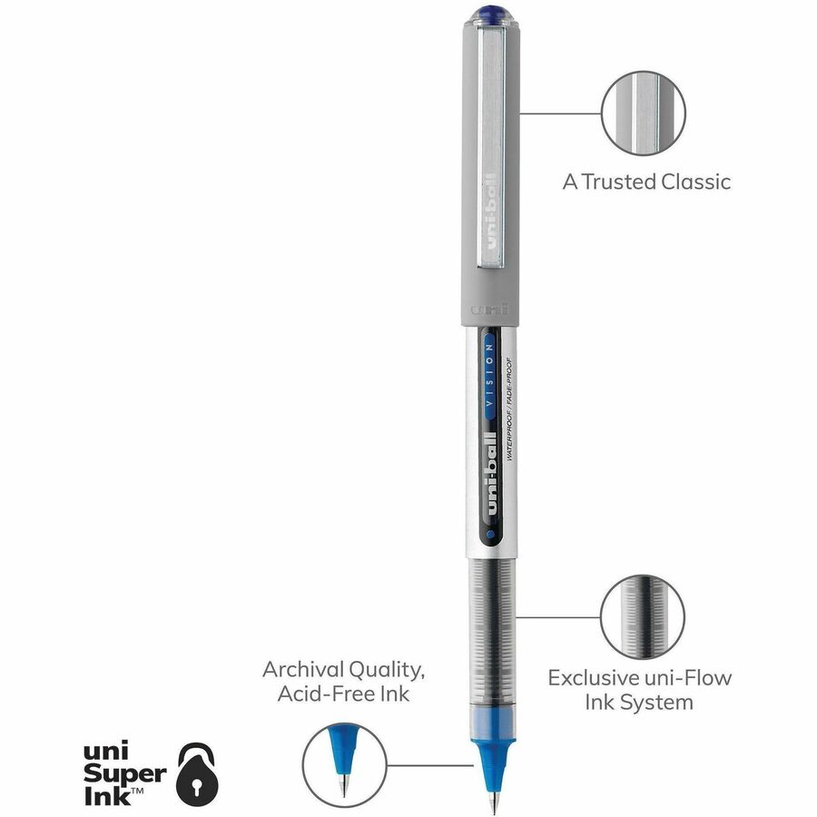 uniball™ Vision Rollerball Pens - 0.7 mm Fine Pen Point - Blue Ink - Pigment-based - 1 Dozen