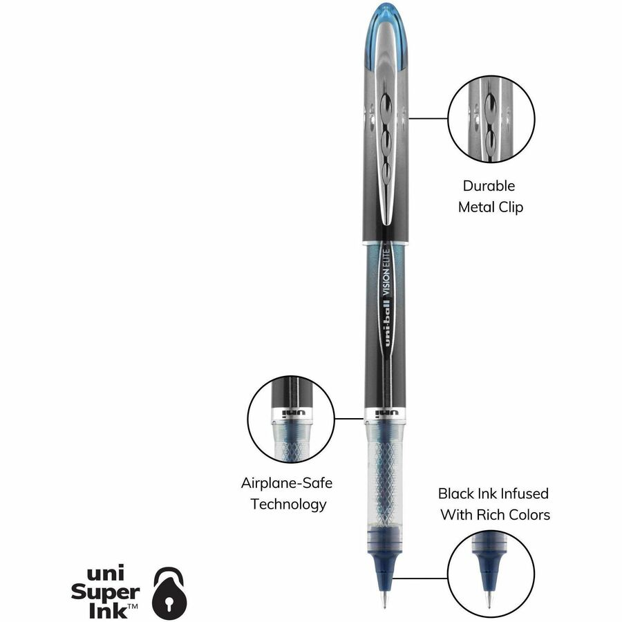 uniball™ Vision Elite BLX Rollerball Pen - 0.5 mm Micro Pen Point - Black/Blue Ink - Pigment-based - 1 Each