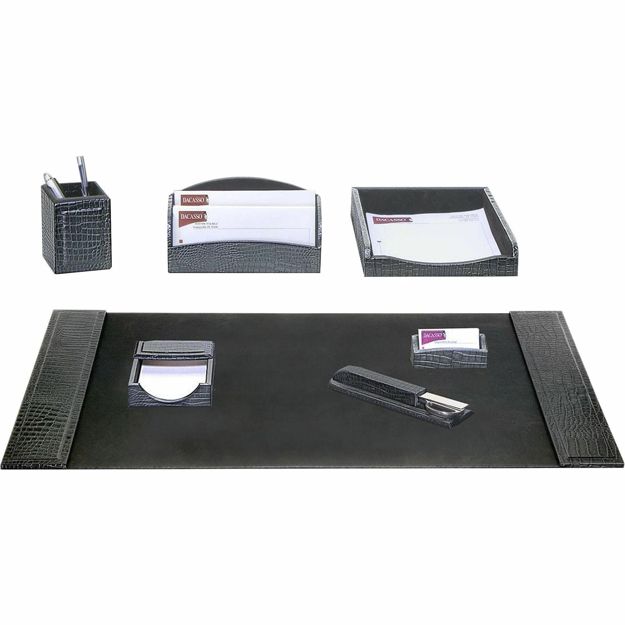 Dacasso Embossed Leather Desk Set, 7-Piece, Black Crocodile Embossed, Includes Desk Pad, Letter Tray, Pencil Cup, Memo Holder, Letter Holder, Business Card Holder, Library Set, 1 Each