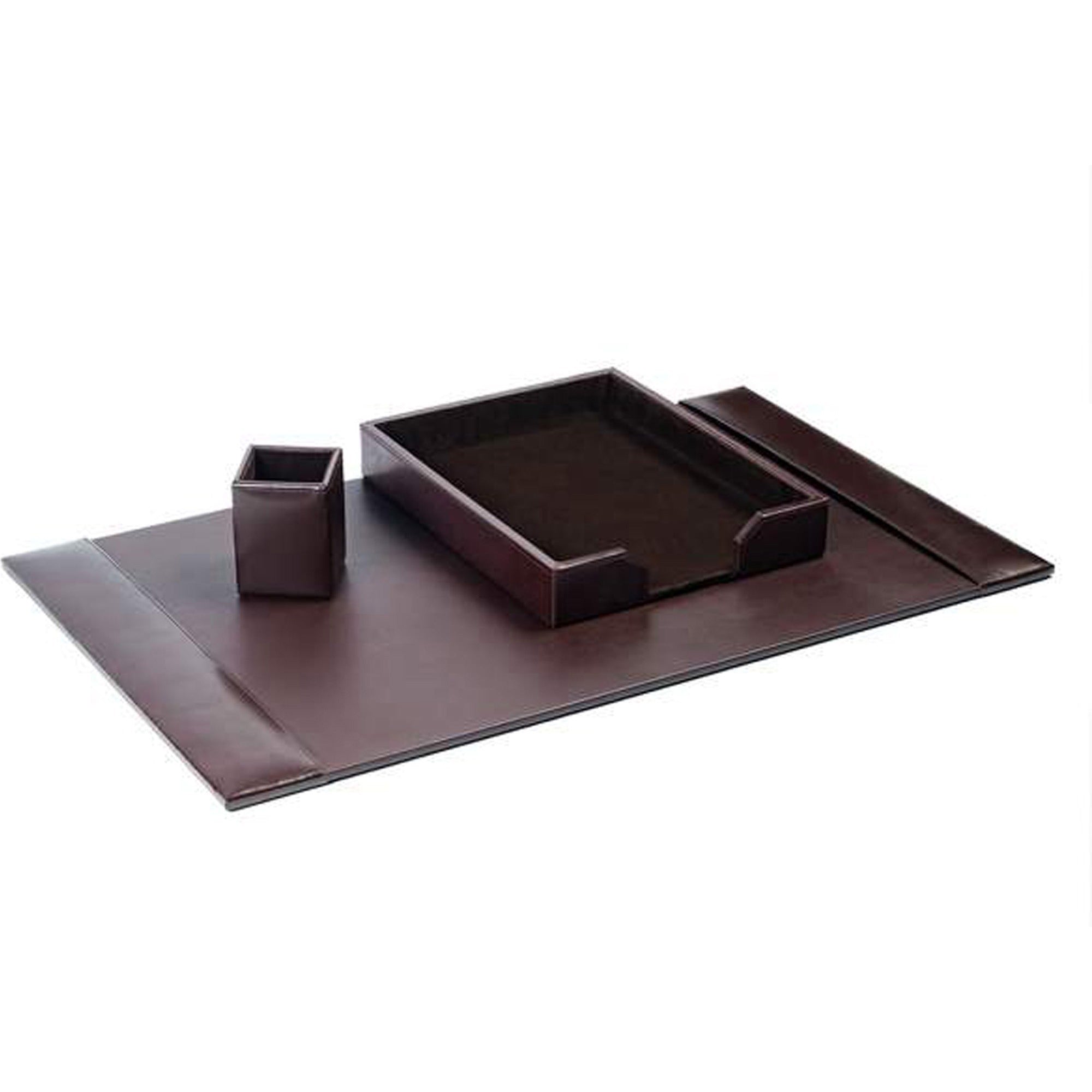 Dacasso Bonded Leather Desk Set, Brown, 3-Piece, Includes Desk Pad, Letter Tray, Pencil Cup, 1 Each