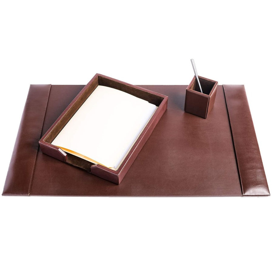 Dacasso Bonded Leather Desk Set, Brown, 3-Piece, Includes Desk Pad, Letter Tray, Pencil Cup, 1 Each