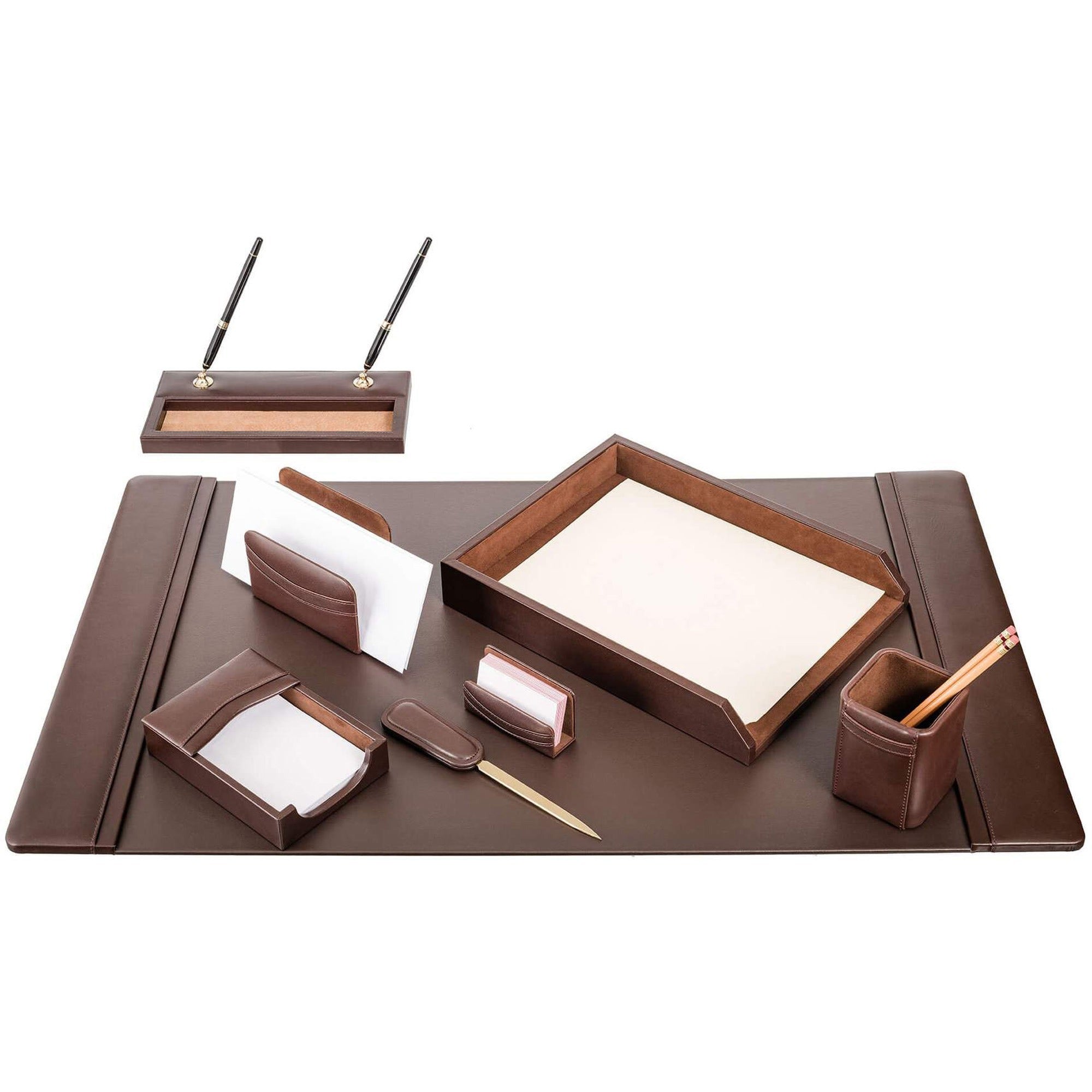 Dacasso Leather Desk Set, Eight-Piece, Chocolate Brown, 1 Each
