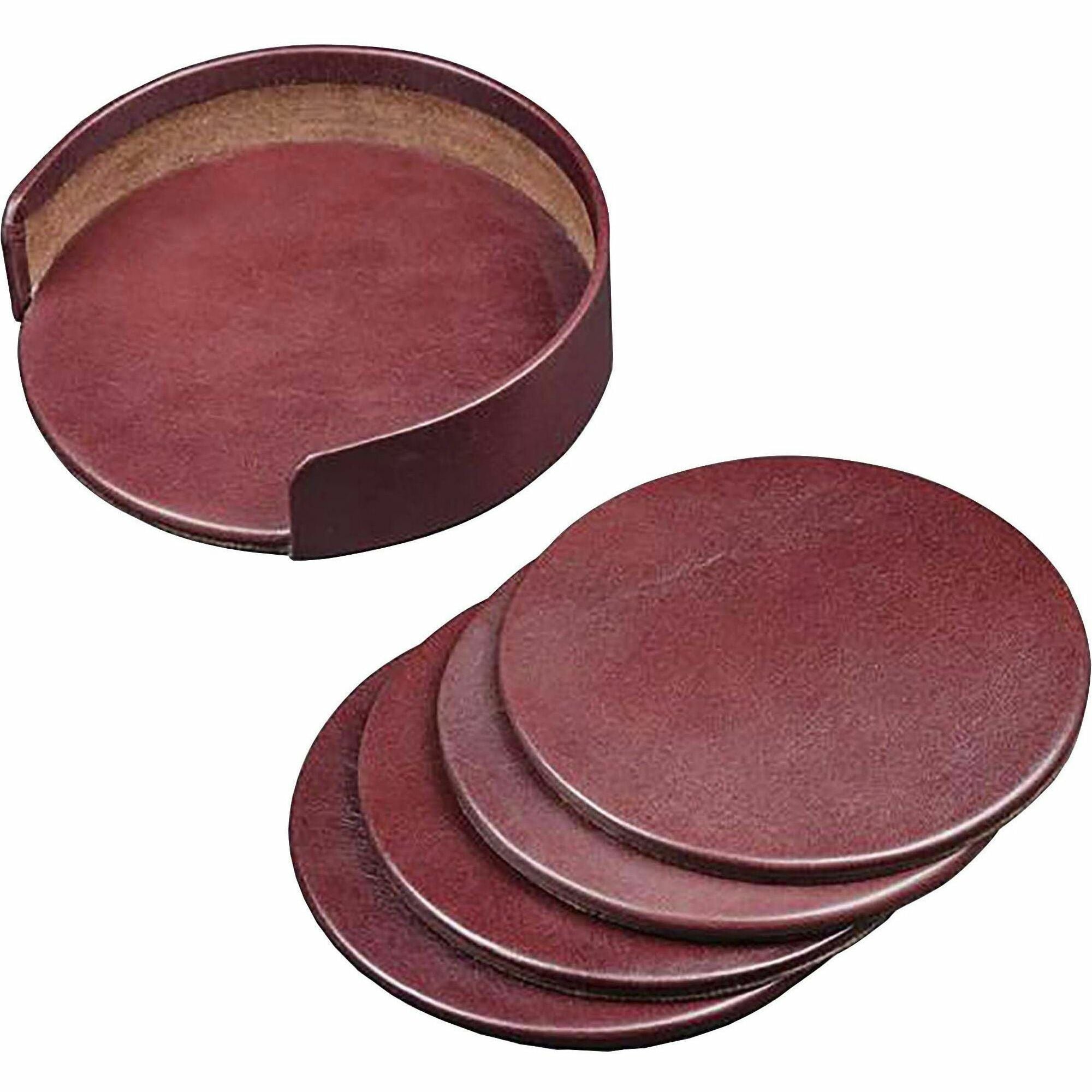 Dacasso Leather Coasters - Set of 4 with Holder - 4 Coaster of 4" Diameter - Round - Mocha - Top Grain Leather, Felt - 1Each