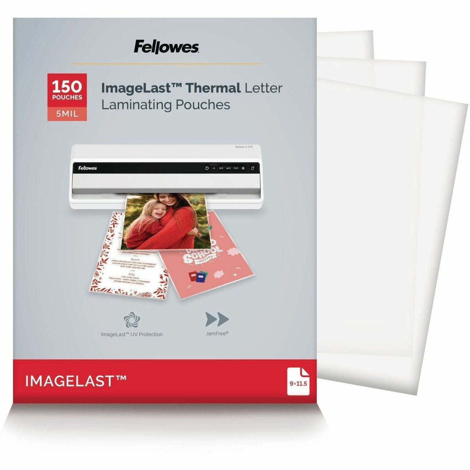 Fellowes ImageLast Jam-Free Premium Thermal Laminating Pouches, Letter Size, 9" x 11.5", 5 mil, Glossy, Clear, 1 Pack