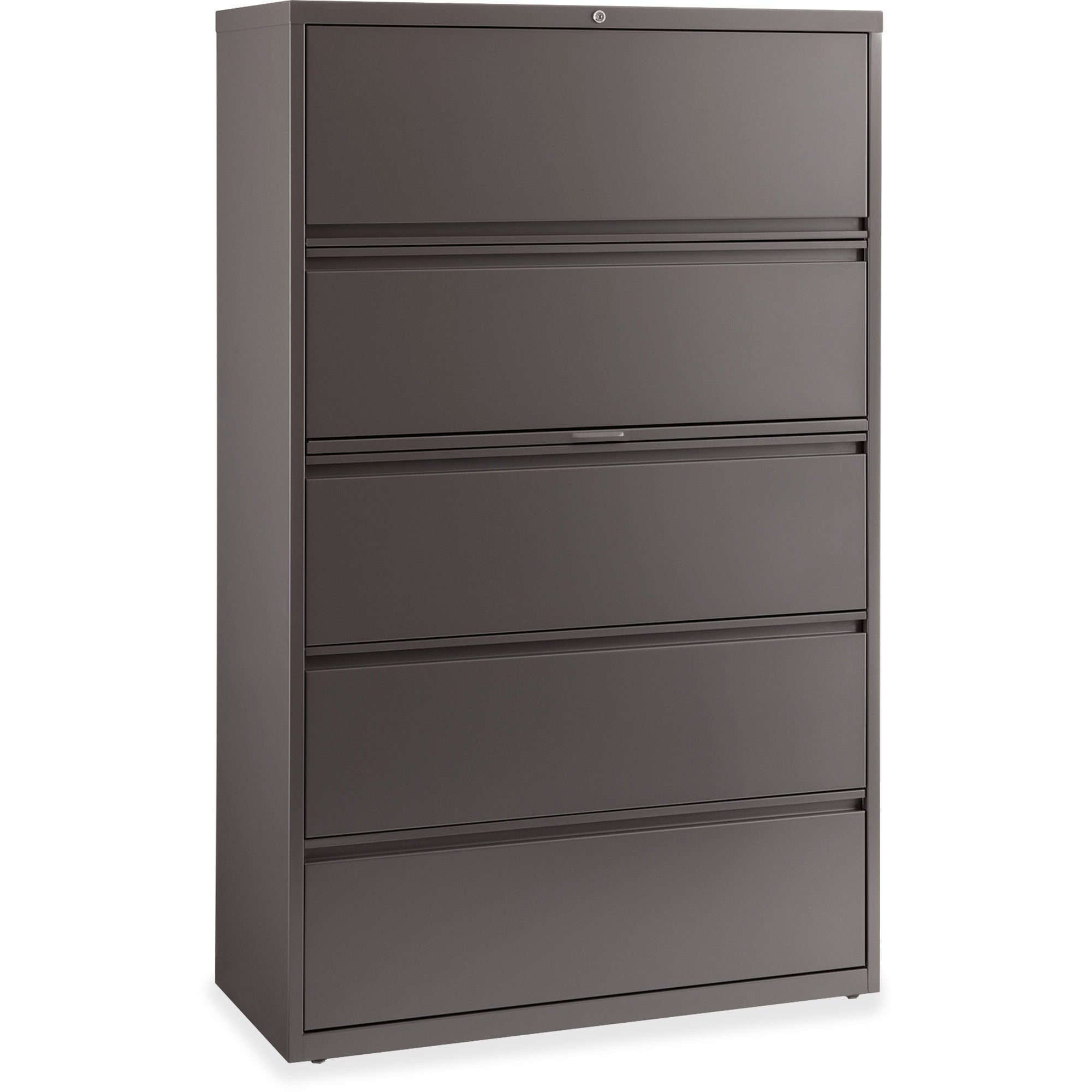 Lorell Fortress Series Lateral File with Roll-out Posting Shelf, 42"W x 18.6"D x 67.6"H, 1 Shelf, 5 Drawers, Medium Tone Steel, Recycled Content, Greenguard Certified, Packaged Quantity: 1 Each