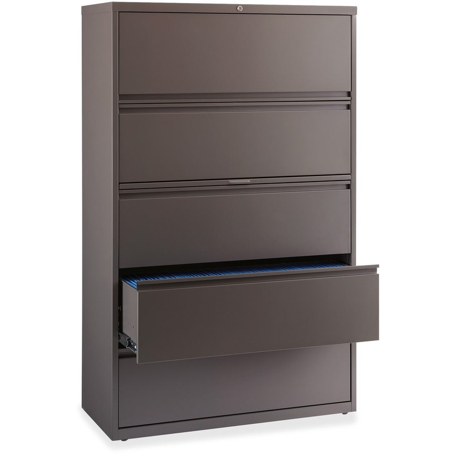 Lorell Fortress Series Lateral File with Roll-out Posting Shelf, 42"W x 18.6"D x 67.6"H, 1 Shelf, 5 Drawers, Medium Tone Steel, Recycled Content, Greenguard Certified, Packaged Quantity: 1 Each